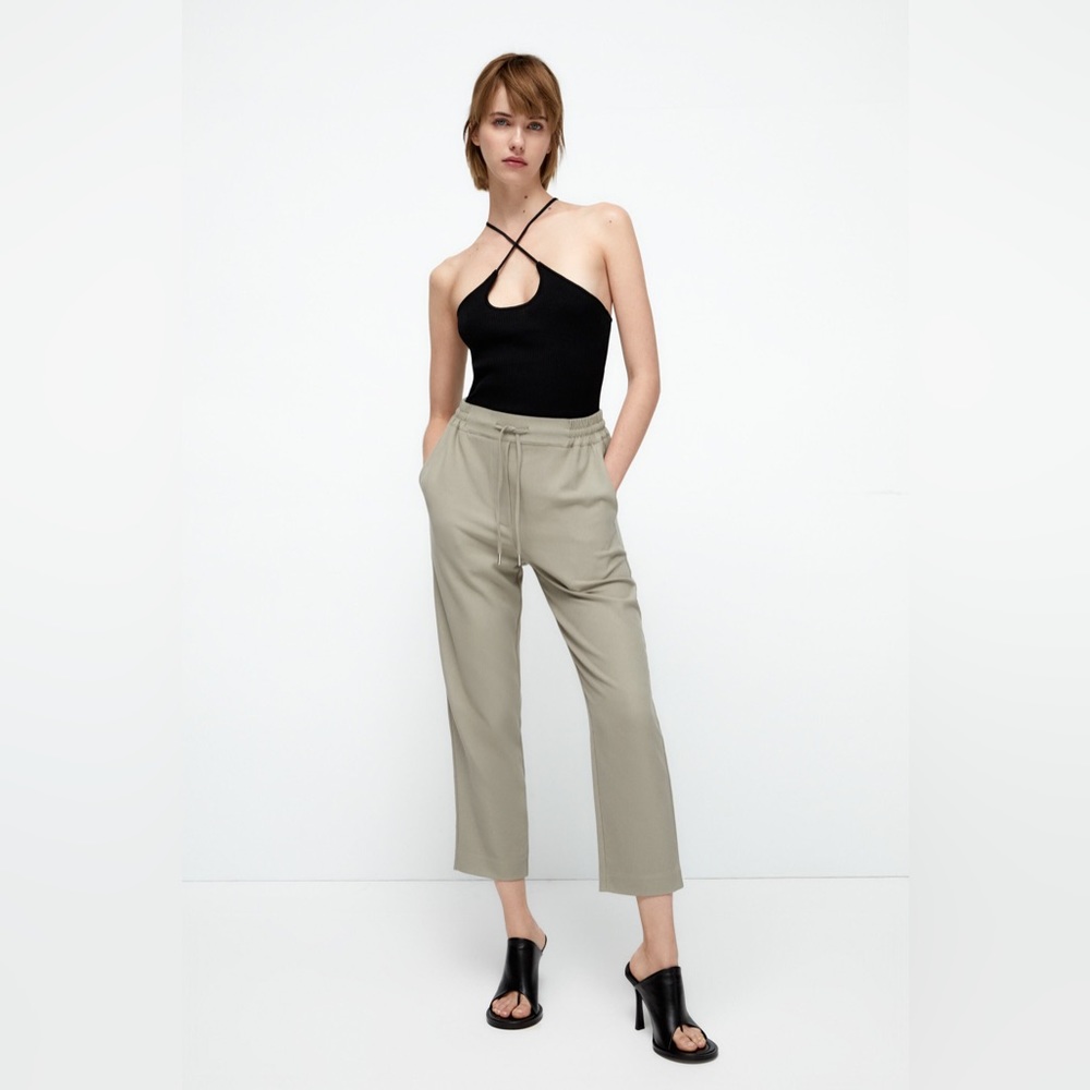 Zara Soft High Rise Jogger Pants Green Size M Ankle Length Elastic Waist